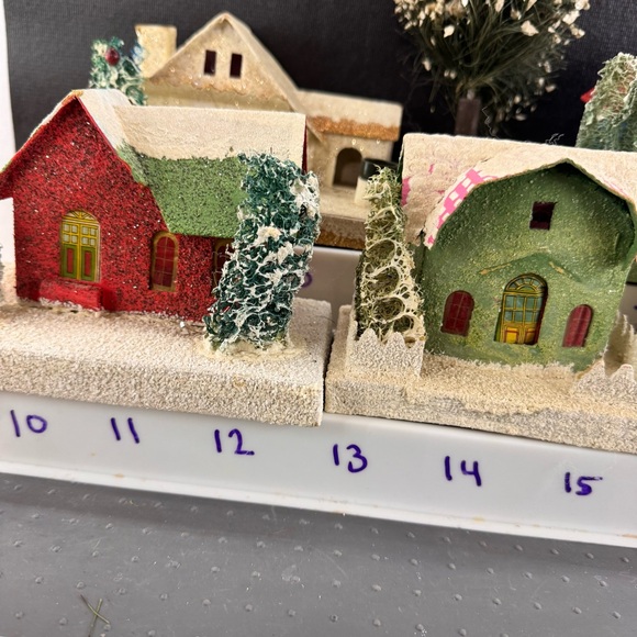 Set Of 11 Vintage Putz Houses Churches Beaded Bottle Brush Trees Japan - Picture 8 of 16